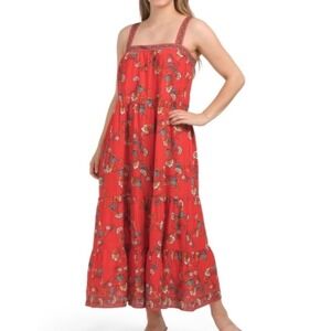 Max Studio London Red Floral Tiered Maxi Sundress Women S Boho Resort Vacation